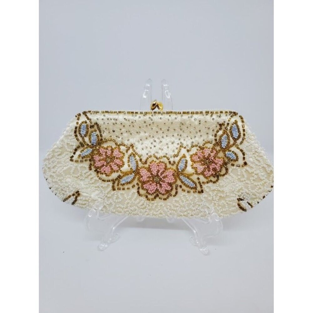 Antique Handmade in France Beautiful Beaded Clutch Evening Purse w Floral Design